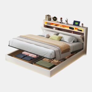 Cama de casal de linho 160x200 cm com armazenamento e luz led,bege