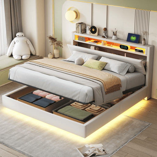 Cama de casal de linho 160x200 cm com armazenamento e luz led,bege