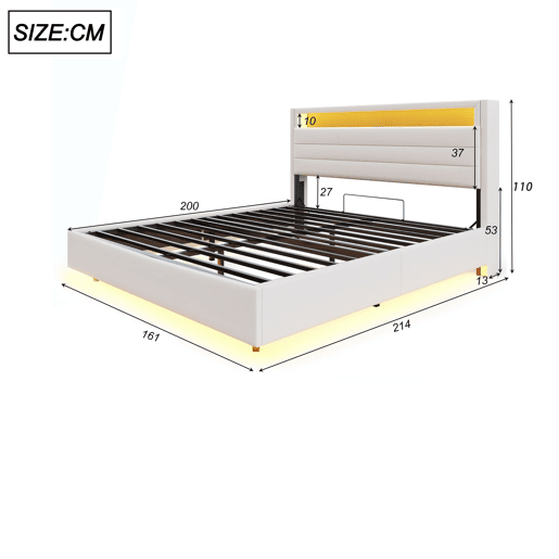 Cama de casal de linho 160x200 cm com armazenamento e luz led,bege