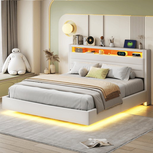 Cama de casal de linho 160x200 cm com armazenamento e luz led,bege
