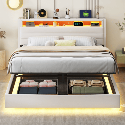 Cama de casal de linho 160x200 cm com armazenamento e luz led,bege