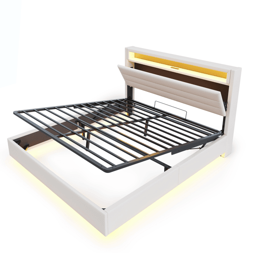 Cama de casal de linho 160x200 cm com armazenamento e luz led,bege