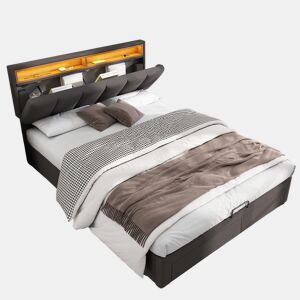 Cama estofada cinza de 160x200 cm com LED, 2 gavetas e espaço para armazenamento, roupa de cama inclusa, estrado de ripas incluso.