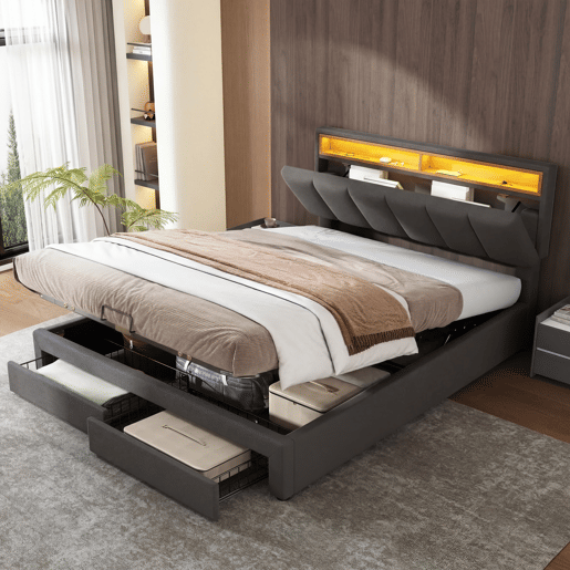 Cama estofada cinza de 160x200 cm com LED, 2 gavetas e espaço para armazenamento, roupa de cama inclusa, estrado de ripas incluso. Cama estofada cinza de 160x200 cm com LED, 2 gavetas e espaço para armazenamento, roupa de cama inclusa, estrado de ripas incluso.