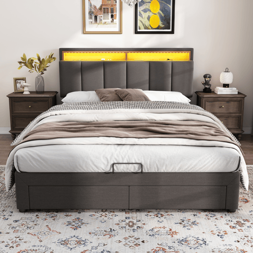 Cama estofada cinza de 160x200 cm com LED, 2 gavetas e espaço para armazenamento, roupa de cama inclusa, estrado de ripas incluso. Cama estofada cinza de 160x200 cm com LED, 2 gavetas e espaço para armazenamento, roupa de cama inclusa, estrado de ripas incluso.