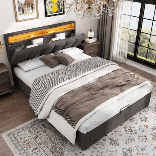 Cama estofada cinza de 160x200 cm com LED, 2 gavetas e espaço para armazenamento, roupa de cama inclusa, estrado de ripas incluso. Cama estofada cinza de 160x200 cm com LED, 2 gavetas e espaço para armazenamento, roupa de cama inclusa, estrado de ripas incluso.