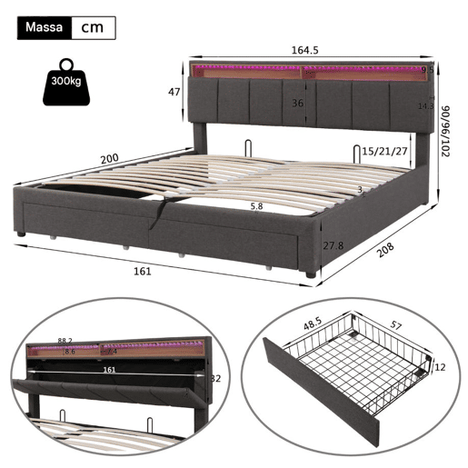 Cama estofada cinza de 160x200 cm com LED, 2 gavetas e espaço para armazenamento, roupa de cama inclusa, estrado de ripas incluso. Cama estofada cinza de 160x200 cm com LED, 2 gavetas e espaço para armazenamento, roupa de cama inclusa, estrado de ripas incluso.
