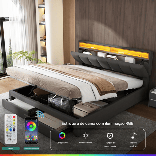 Cama estofada cinza de 160x200 cm com LED, 2 gavetas e espaço para armazenamento, roupa de cama inclusa, estrado de ripas incluso. Cama estofada cinza de 160x200 cm com LED, 2 gavetas e espaço para armazenamento, roupa de cama inclusa, estrado de ripas incluso.