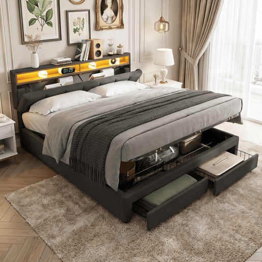 Cama estofada cinza de 160x200 cm com LED, 2 gavetas e espaço para armazenamento, roupa de cama inclusa, estrado de ripas incluso. Cama estofada cinza de 160x200 cm com LED, 2 gavetas e espaço para armazenamento, roupa de cama inclusa, estrado de ripas incluso.