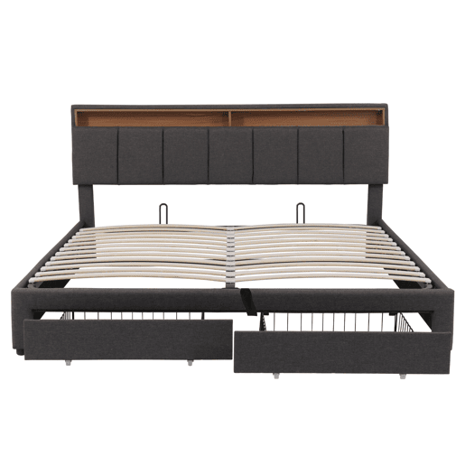 Cama estofada cinza de 160x200 cm com LED, 2 gavetas e espaço para armazenamento, roupa de cama inclusa, estrado de ripas incluso. Cama estofada cinza de 160x200 cm com LED, 2 gavetas e espaço para armazenamento, roupa de cama inclusa, estrado de ripas incluso.