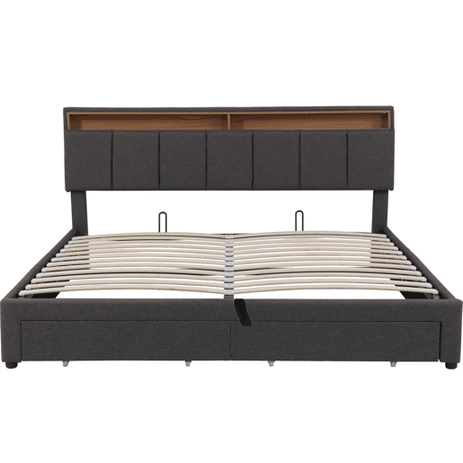 Cama estofada cinza de 160x200 cm com LED, 2 gavetas e espaço para armazenamento, roupa de cama inclusa, estrado de ripas incluso. Cama estofada cinza de 160x200 cm com LED, 2 gavetas e espaço para armazenamento, roupa de cama inclusa, estrado de ripas incluso.