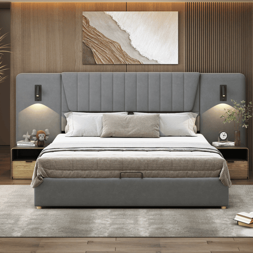 Cama de casal de veludo 180x200 cm com armazenamento,cinza Cama de casal de veludo 180x200 cm com armazenamento,cinza