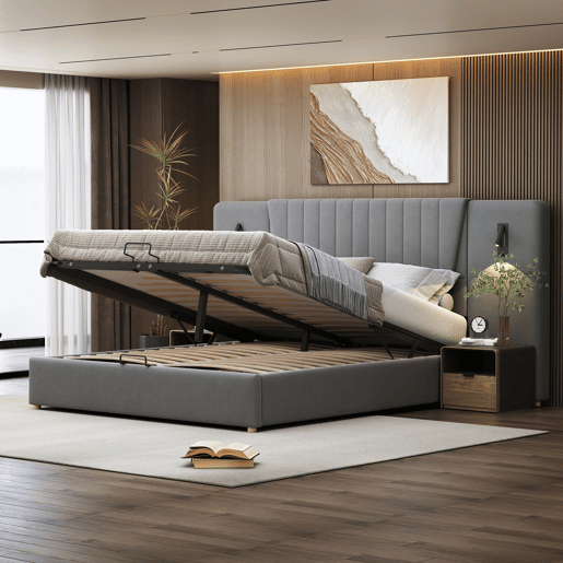 Cama de casal de veludo 180x200 cm com armazenamento,cinza Cama de casal de veludo 180x200 cm com armazenamento,cinza