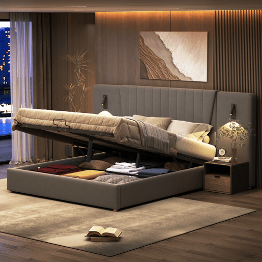 Cama de casal de veludo 180x200 cm com armazenamento,cinza Cama de casal de veludo 180x200 cm com armazenamento,cinza