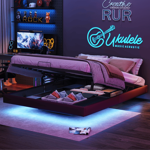 Cama 160x200cm, LED, cama de casal, estrutura de cama