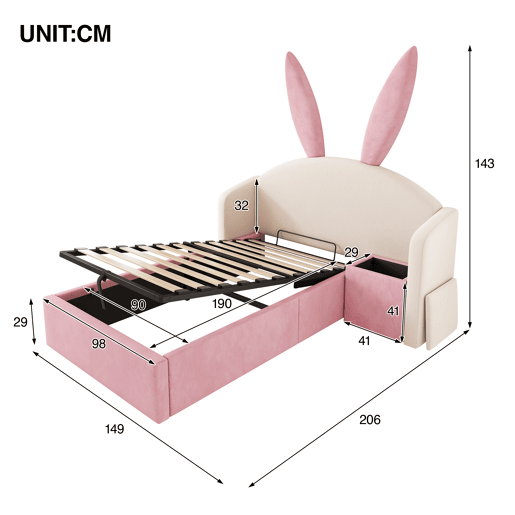 Cama de criança,cama de solteiro de veludo 90x190 cm com armazenamento,bege+rosa