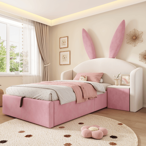 Cama de criança,cama de solteiro de veludo 90x190 cm com armazenamento,bege+rosa