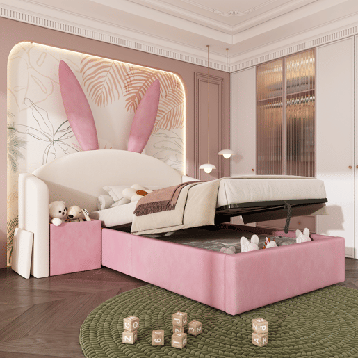 Cama de criança,cama de solteiro de veludo 90x190 cm com armazenamento,bege+rosa