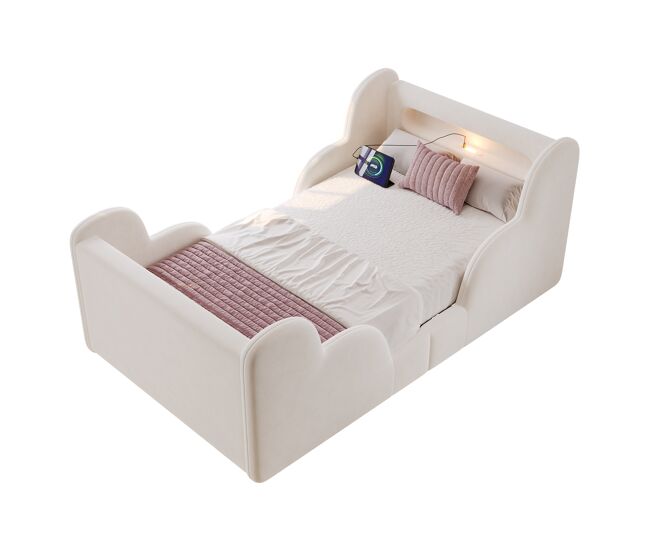 Cama infantil,cama individual de terciopelo 90x200 cm,beige