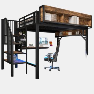 Cama de criança,cama alta de madeira maciça 140x200 cm com luz led,preto+natural