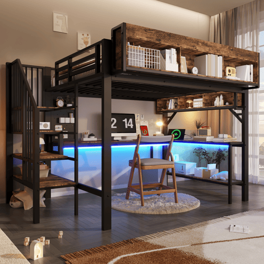 Cama de criança,cama alta de madeira maciça 140x200 cm com luz led,preto+natural Cama de criança,cama alta de madeira maciça 140x200 cm com luz led,preto+natural