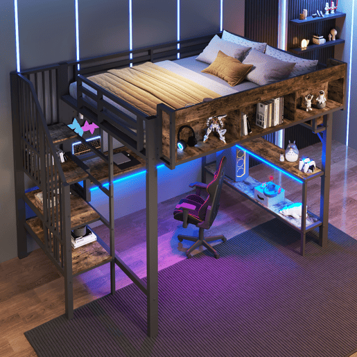Cama de criança,cama alta de madeira maciça 140x200 cm com luz led,preto+natural Cama de criança,cama alta de madeira maciça 140x200 cm com luz led,preto+natural