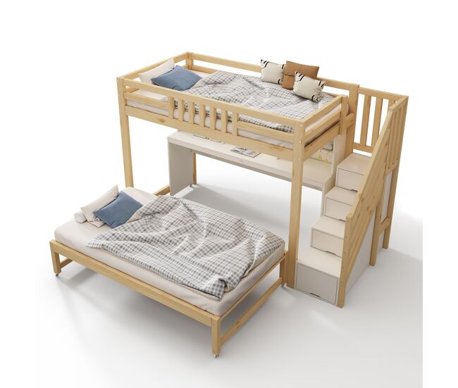 Litera infantil de madera maciza 90x200(90x190) cm,natural+blanco