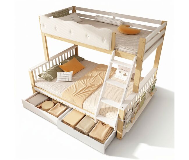 Litera infantil de madera maciza 140x200(90x200) cm,natural+blanco