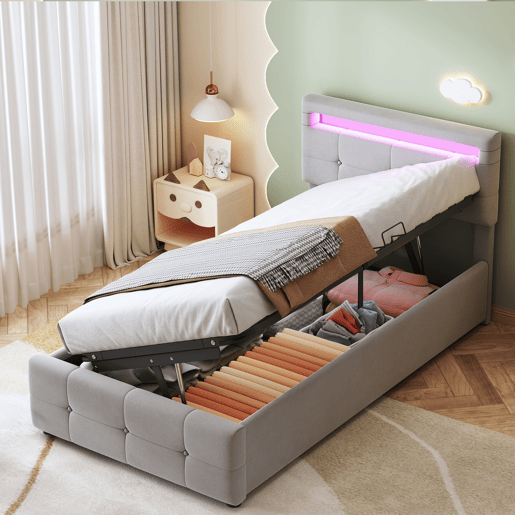 cama juvenil,cama de solteiro de veludo 90x200 cm com armazenamento e luz led,cinza