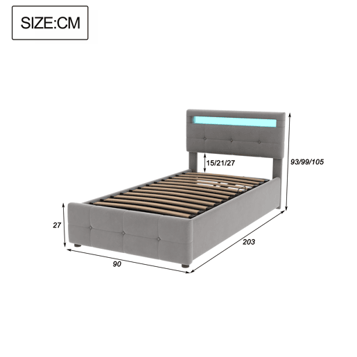 cama juvenil,cama de solteiro de veludo 90x200 cm com armazenamento e luz led,cinza