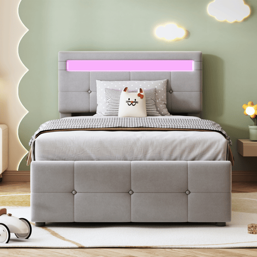 cama juvenil,cama de solteiro de veludo 90x200 cm com armazenamento e luz led,cinza