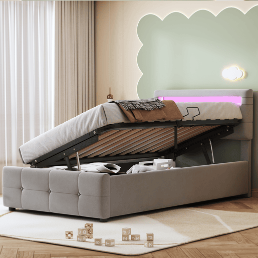 cama juvenil,cama de solteiro de veludo 90x200 cm com armazenamento e luz led,cinza