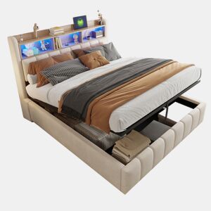 Cama de casal de linho 180x200 cm com armazenamento e luz led,bege