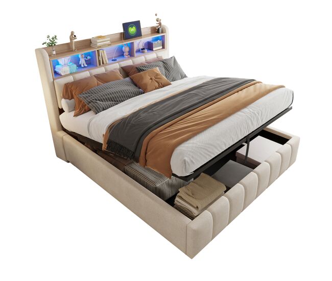Cama de matrimonio de lino 180x200 cm con almacenaje y luz led,beige