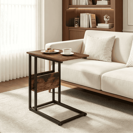 Mesa auxiliar 36 x 55 x 59,5 cm - Design em forma de C, mesa estreita para sofá e computador portátil - Castanho rústico Mesa auxiliar 36 x 55 x 59,5 cm - Design em forma de C, mesa estreita para sofá e computador portátil - Castanho rústico