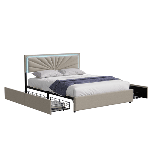 Cama estofada 160x200cm com LED e cabeceira regulável em altura, cama de casal com estrado de ripas e 4 gavetas, ripas de madeira e suportes de metal, roupa de cama com arrumação, bege Cama estofada 160x200cm com LED e cabeceira regulável em altura, cama de casal com estrado de ripas e 4 gavetas, ripas de madeira e suportes de metal, roupa de cama com arrumação, bege