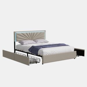 Cama estofada 160x200cm com LED e cabeceira regulável em altura, cama de casal com estrado de ripas e 4 gavetas, ripas de madeira e suportes de metal, roupa de cama com arrumação, bege