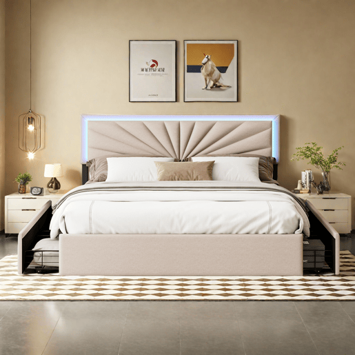 Cama estofada 160x200cm com LED e cabeceira regulável em altura, cama de casal com estrado de ripas e 4 gavetas, ripas de madeira e suportes de metal, roupa de cama com arrumação, bege Cama estofada 160x200cm com LED e cabeceira regulável em altura, cama de casal com estrado de ripas e 4 gavetas, ripas de madeira e suportes de metal, roupa de cama com arrumação, bege