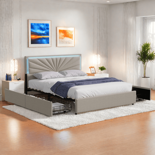 Cama estofada 160x200cm com LED e cabeceira regulável em altura, cama de casal com estrado de ripas e 4 gavetas, ripas de madeira e suportes de metal, roupa de cama com arrumação, bege Cama estofada 160x200cm com LED e cabeceira regulável em altura, cama de casal com estrado de ripas e 4 gavetas, ripas de madeira e suportes de metal, roupa de cama com arrumação, bege