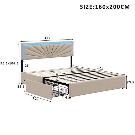 Cama estofada 160x200cm com LED e cabeceira regulável em altura, cama de casal com estrado de ripas e 4 gavetas, ripas de madeira e suportes de metal, roupa de cama com arrumação, bege Cama estofada 160x200cm com LED e cabeceira regulável em altura, cama de casal com estrado de ripas e 4 gavetas, ripas de madeira e suportes de metal, roupa de cama com arrumação, bege