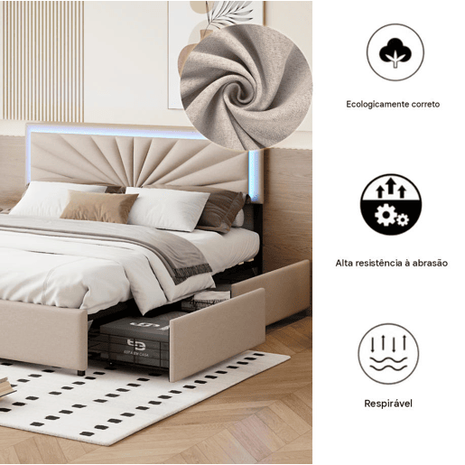 Cama estofada 160x200cm com LED e cabeceira regulável em altura, cama de casal com estrado de ripas e 4 gavetas, ripas de madeira e suportes de metal, roupa de cama com arrumação, bege Cama estofada 160x200cm com LED e cabeceira regulável em altura, cama de casal com estrado de ripas e 4 gavetas, ripas de madeira e suportes de metal, roupa de cama com arrumação, bege