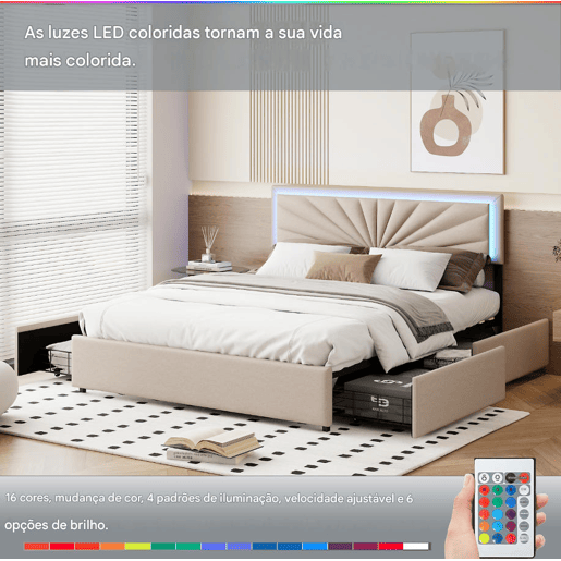 Cama estofada 160x200cm com LED e cabeceira regulável em altura, cama de casal com estrado de ripas e 4 gavetas, ripas de madeira e suportes de metal, roupa de cama com arrumação, bege Cama estofada 160x200cm com LED e cabeceira regulável em altura, cama de casal com estrado de ripas e 4 gavetas, ripas de madeira e suportes de metal, roupa de cama com arrumação, bege