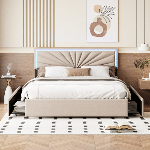 Cama estofada 160x200cm com LED e cabeceira regulável em altura, cama de casal com estrado de ripas e 4 gavetas, ripas de madeira e suportes de metal, roupa de cama com arrumação, bege Cama estofada 160x200cm com LED e cabeceira regulável em altura, cama de casal com estrado de ripas e 4 gavetas, ripas de madeira e suportes de metal, roupa de cama com arrumação, bege