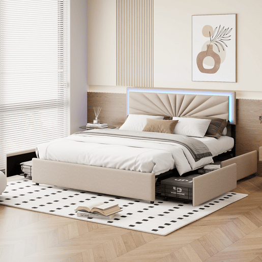 Cama estofada 160x200cm com LED e cabeceira regulável em altura, cama de casal com estrado de ripas e 4 gavetas, ripas de madeira e suportes de metal, roupa de cama com arrumação, bege Cama estofada 160x200cm com LED e cabeceira regulável em altura, cama de casal com estrado de ripas e 4 gavetas, ripas de madeira e suportes de metal, roupa de cama com arrumação, bege