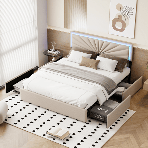 Cama estofada 160x200cm com LED e cabeceira regulável em altura, cama de casal com estrado de ripas e 4 gavetas, ripas de madeira e suportes de metal, roupa de cama com arrumação, bege Cama estofada 160x200cm com LED e cabeceira regulável em altura, cama de casal com estrado de ripas e 4 gavetas, ripas de madeira e suportes de metal, roupa de cama com arrumação, bege