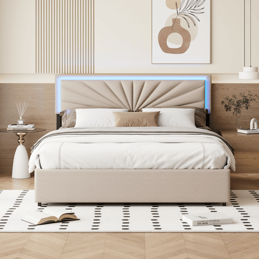 Cama estofada 160x200cm com LED e cabeceira regulável em altura, cama de casal com estrado de ripas e 4 gavetas, ripas de madeira e suportes de metal, roupa de cama com arrumação, bege Cama estofada 160x200cm com LED e cabeceira regulável em altura, cama de casal com estrado de ripas e 4 gavetas, ripas de madeira e suportes de metal, roupa de cama com arrumação, bege