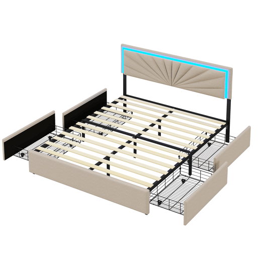 Cama estofada 160x200cm com LED e cabeceira regulável em altura, cama de casal com estrado de ripas e 4 gavetas, ripas de madeira e suportes de metal, roupa de cama com arrumação, bege Cama estofada 160x200cm com LED e cabeceira regulável em altura, cama de casal com estrado de ripas e 4 gavetas, ripas de madeira e suportes de metal, roupa de cama com arrumação, bege