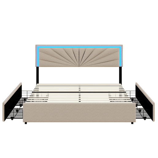 Cama estofada 160x200cm com LED e cabeceira regulável em altura, cama de casal com estrado de ripas e 4 gavetas, ripas de madeira e suportes de metal, roupa de cama com arrumação, bege Cama estofada 160x200cm com LED e cabeceira regulável em altura, cama de casal com estrado de ripas e 4 gavetas, ripas de madeira e suportes de metal, roupa de cama com arrumação, bege