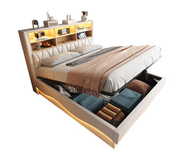 Cama de matrimonio de lino 180x200 cm con almacenaje y luz led,beige