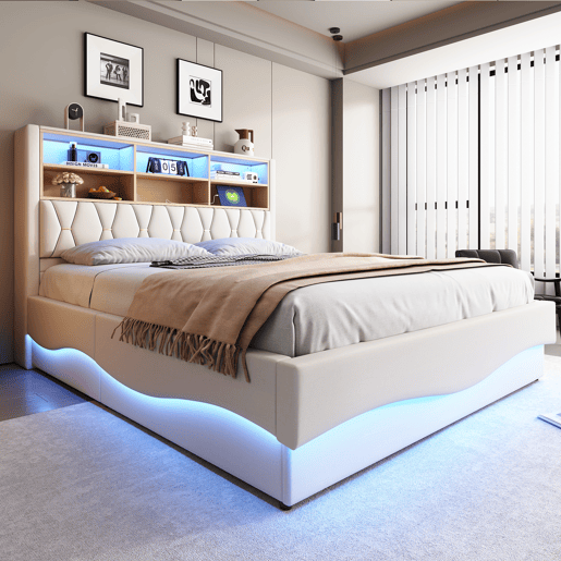 Cama de casal de linho 180x200 cm com armazenamento e luz led,bege